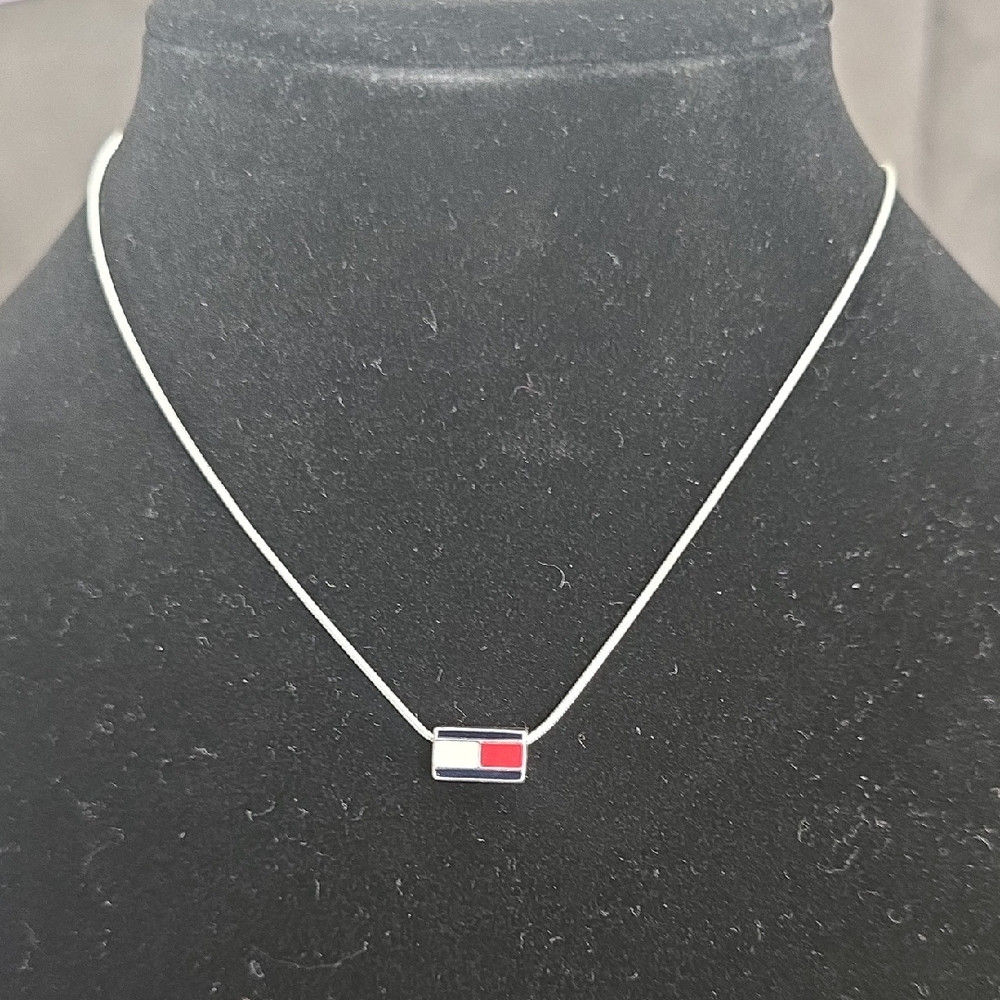 Tommy Hilfiger Silver Necklace with Red and White Enamel Flag Pendant